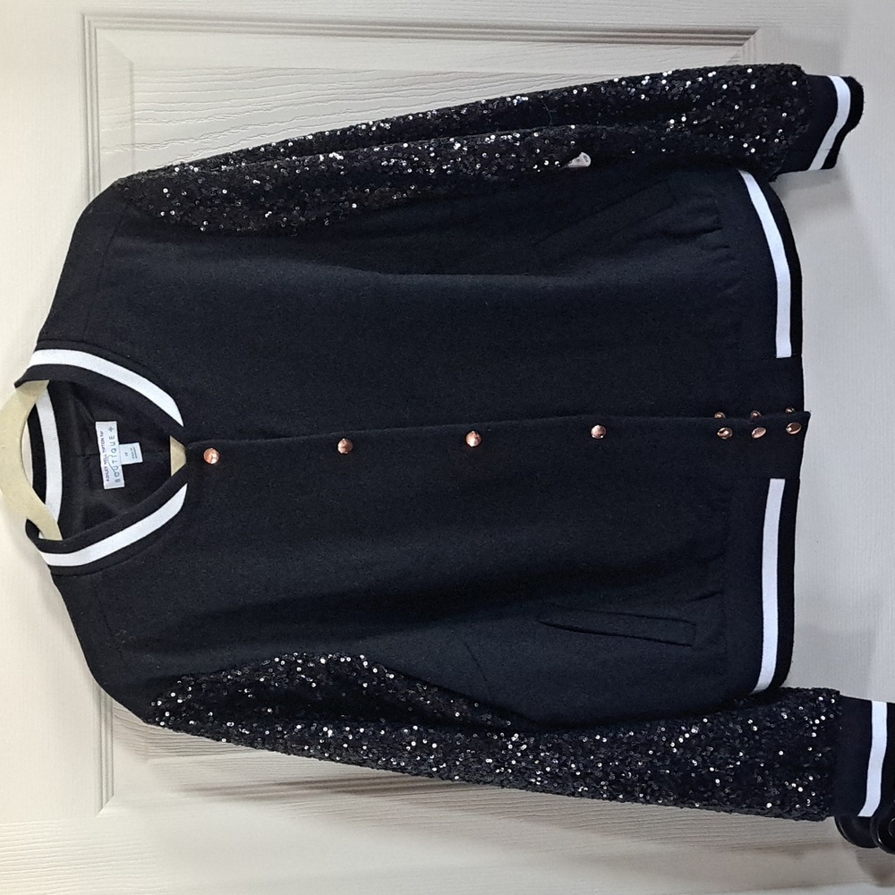 NWT Ashley Nell Tipton Boutique Wool Sequin Snap Button Bomber Jacket Varsity